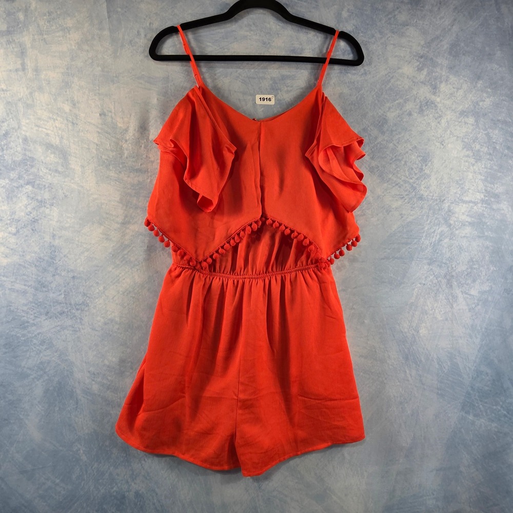 19 Cooper Womens Cold Shoulder Pom Pom Trim Romper Orange Red Size S